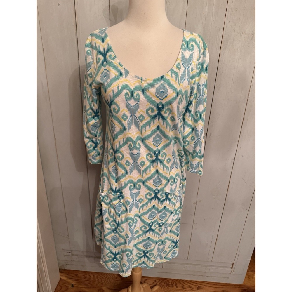 Fresh Produce Destination Dress Womens XS Green Yellow Sleeve Pockets USA